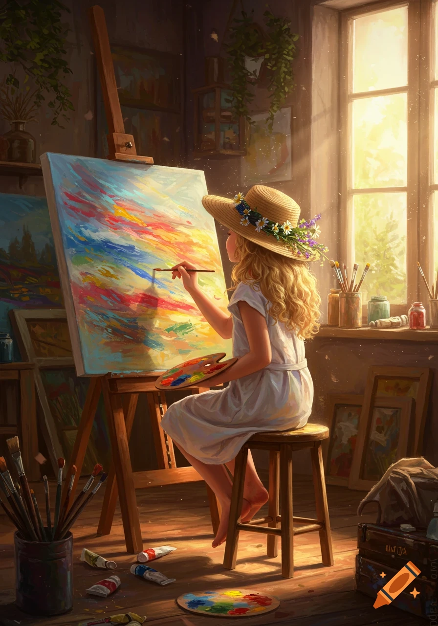 A blonde girl in a straw hat with flowers paints a colorful abstract canvas in a sunlit art studio, digital painting.