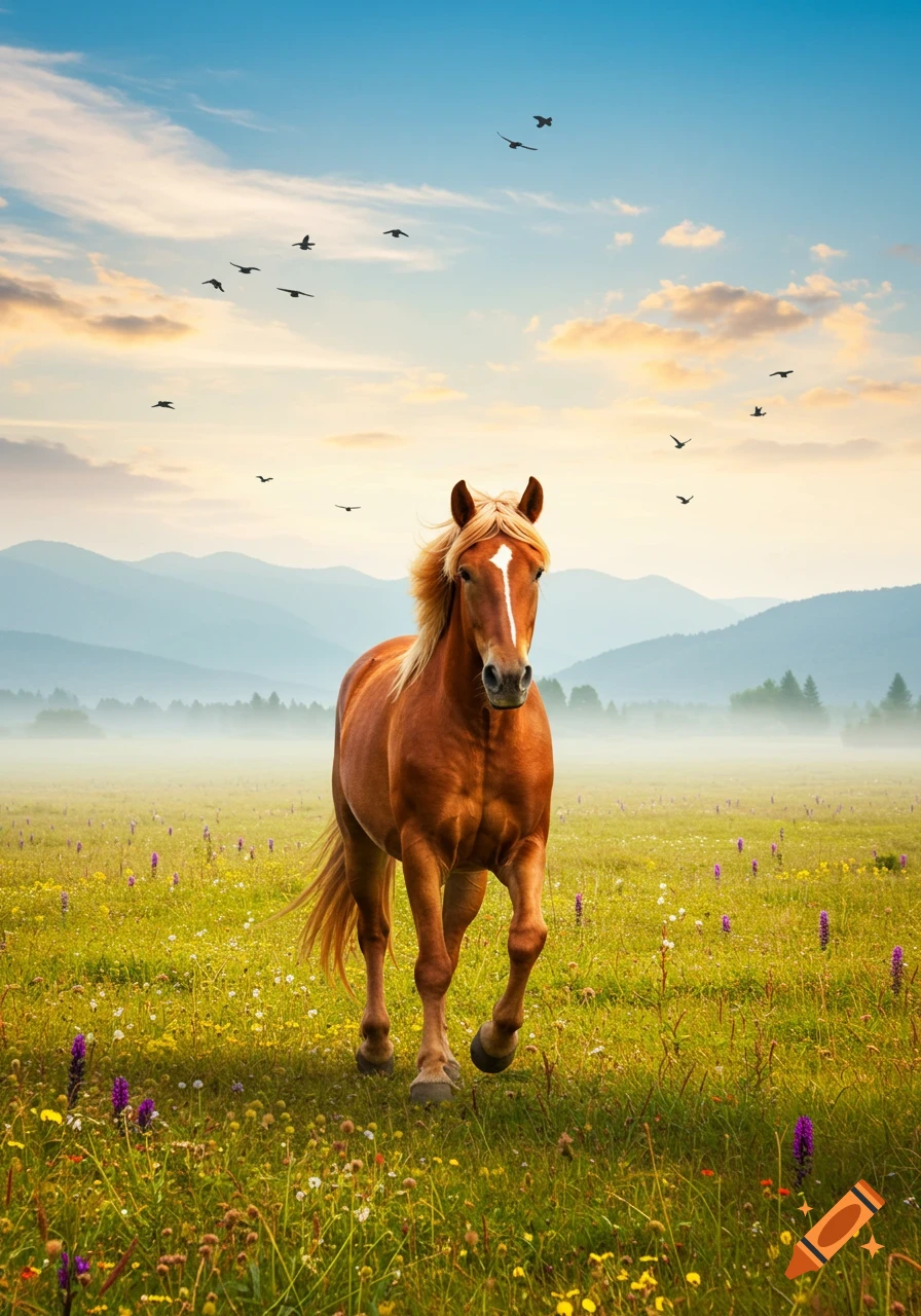 A photorealistic brown horse trots through a wildflower meadow with misty mountains and birds in a vibrant sky.
