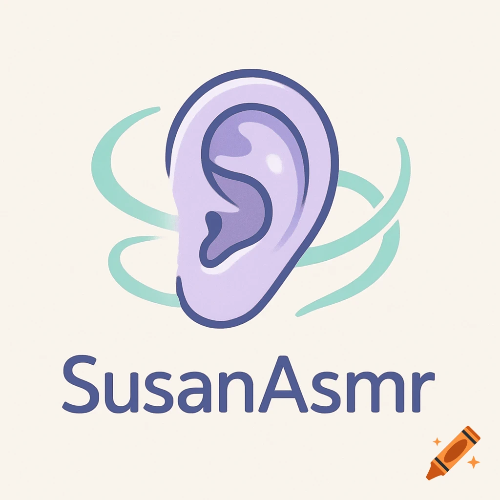 A stylized light purple ear with teal swirling lines around it, above the text 'SusanAsmr' on a light beige background.