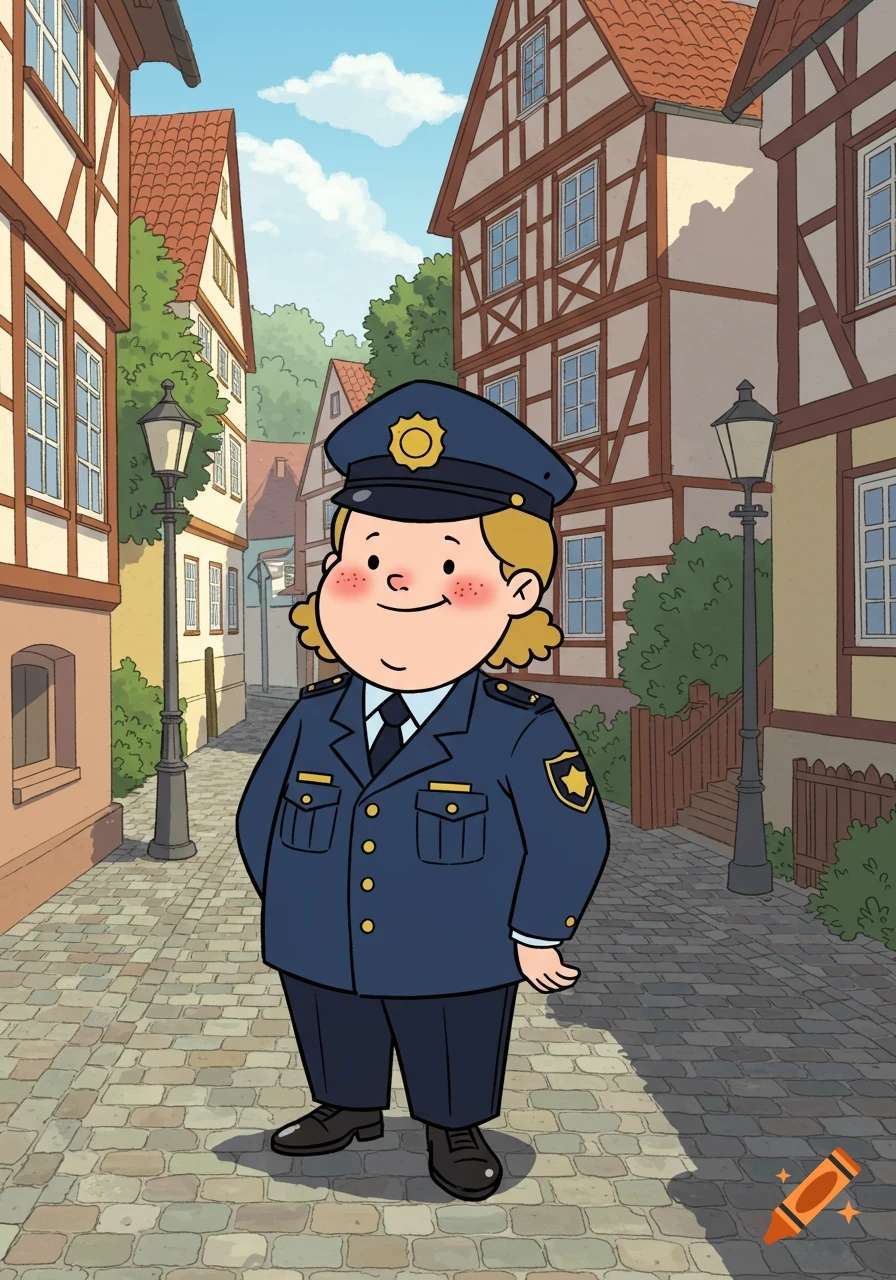 A friendly cartoon police officer in a blue uniform stands on a cobblestone street in a European-style old town.