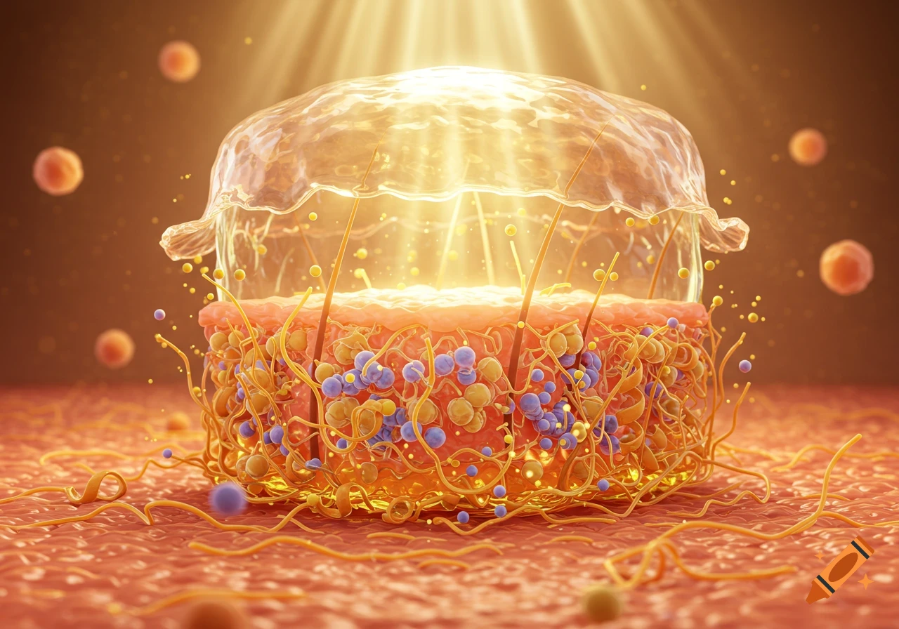 Magnified 3D illustration of skin layers with cells, fibers, and light rays, representing skin proteome and sun protection.