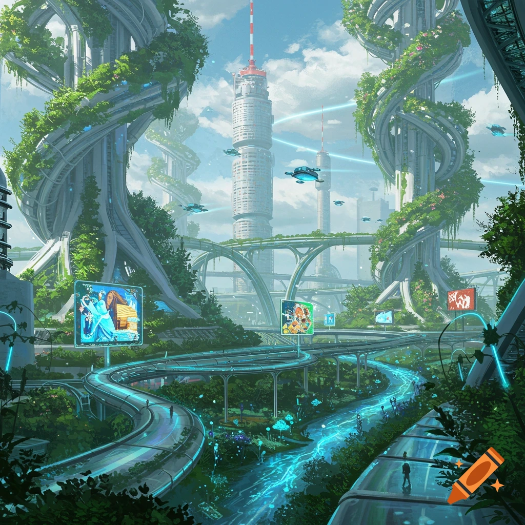 A vibrant futuristic city with towering green-covered buildings, elevated roads, glowing blue energy paths, and flying vehicles under a partly cloudy sky.