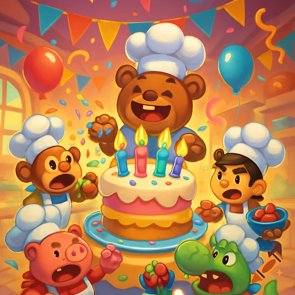 A colorful cartoon image of chef-hat wearing animal and human characters celebrating a birthday around a cake with candles, confetti, and balloons.