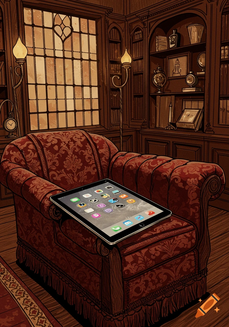 Comic-style illustration of an iPad with distorted app icons resting on a red ornate armchair in a grand, wood-paneled library.