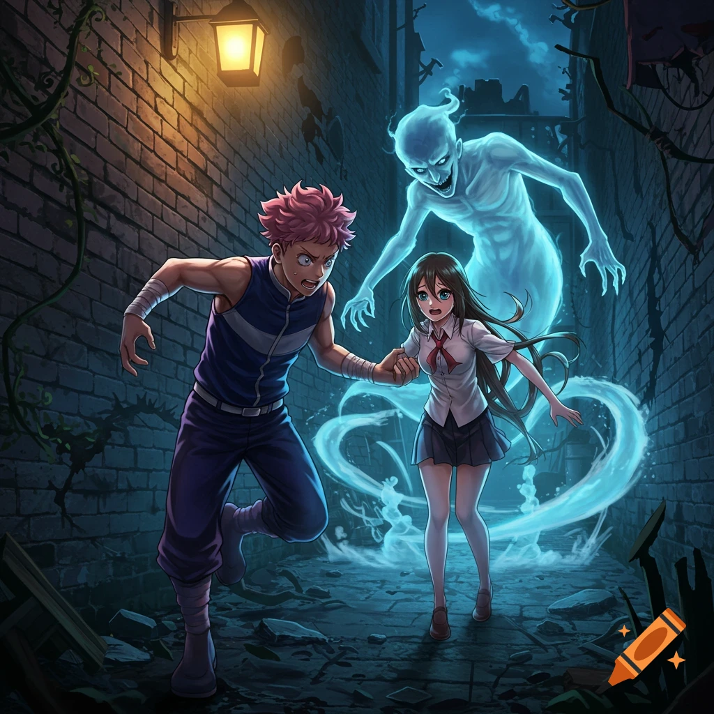 An anime boy and girl run in a dark alley, holding hands, escaping a blue, ethereal ghost.