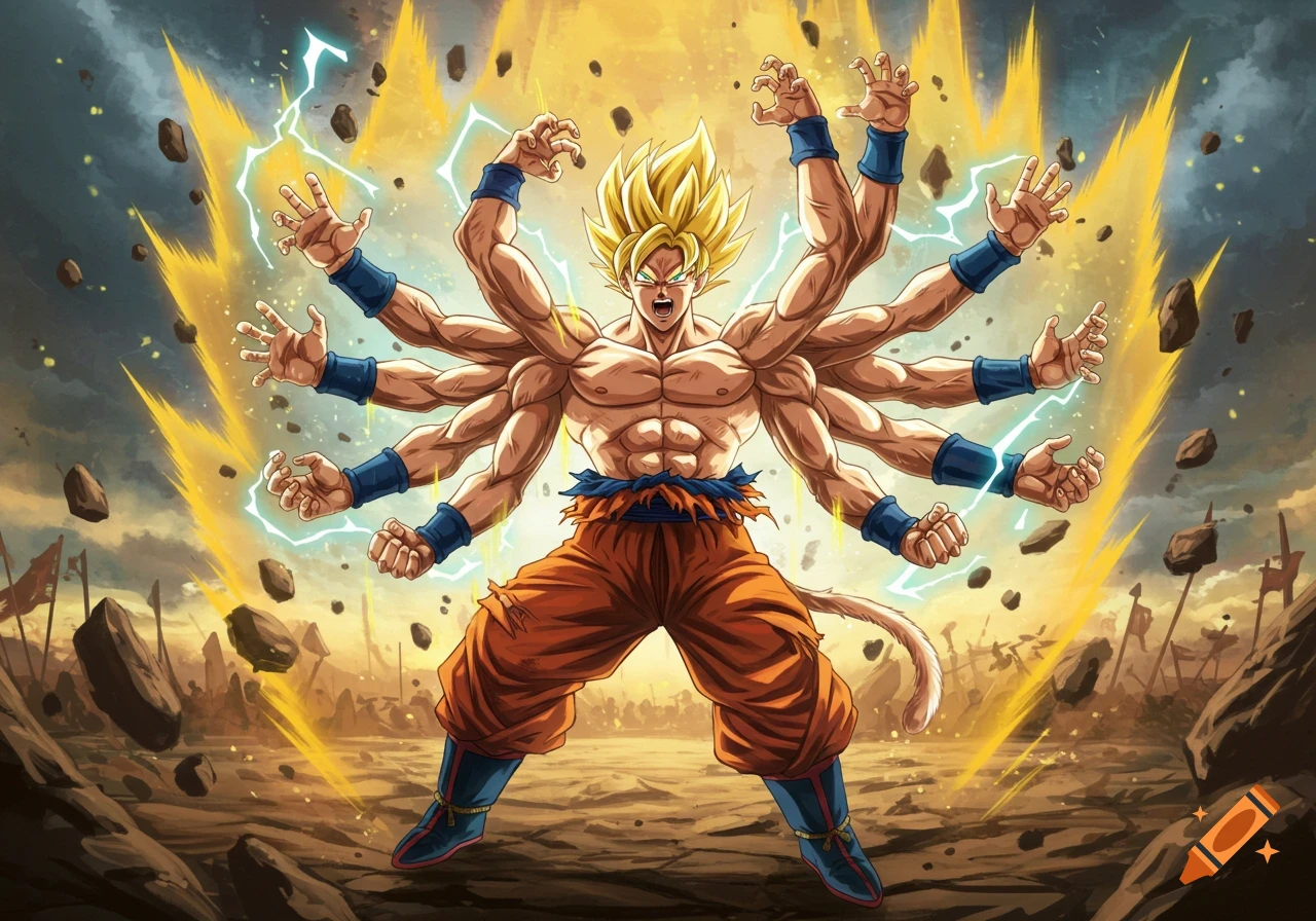 Super Saiyan Goku with many arms, emitting golden energy and lightning in a destructive landscape.