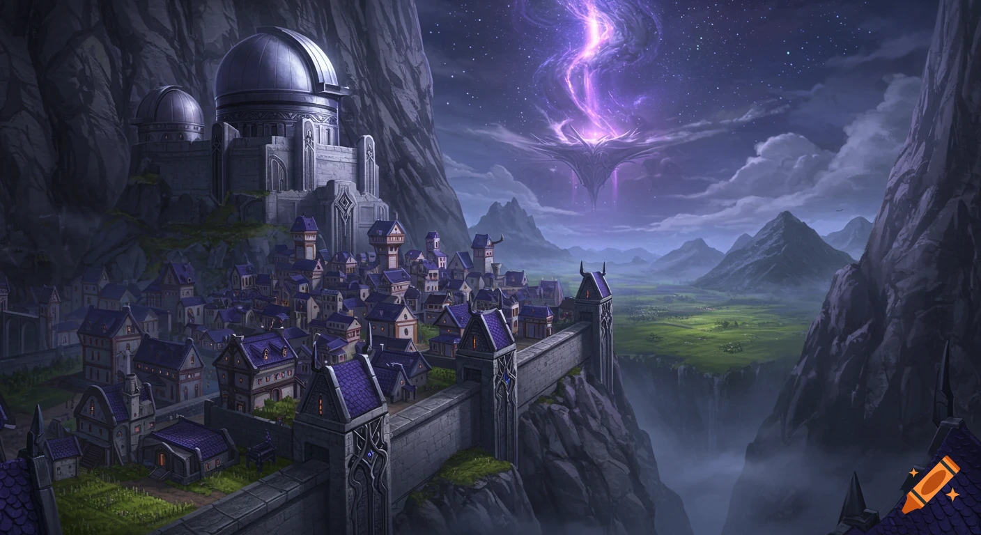 Fantasy city with an observatory and purple-roofed houses on a mountainside at night, under a large purple celestial rift.