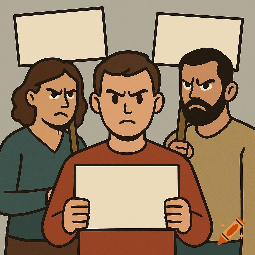 Three angry stylized cartoon people hold blank protest signs.