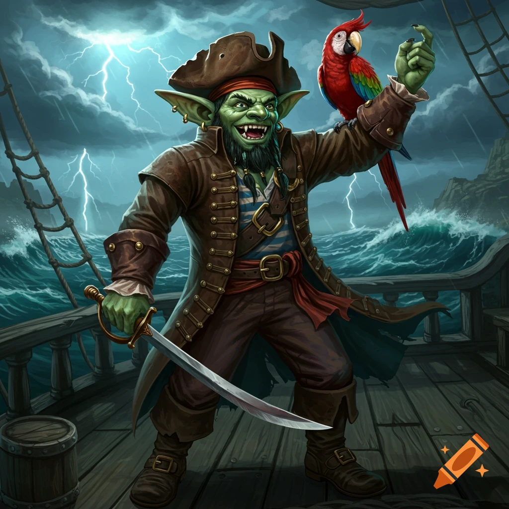A green-skinned goblin pirate stands on a ship deck with a parrot on his shoulder, holding a saber amidst a stormy sea and lightning. Digital fantasy art.