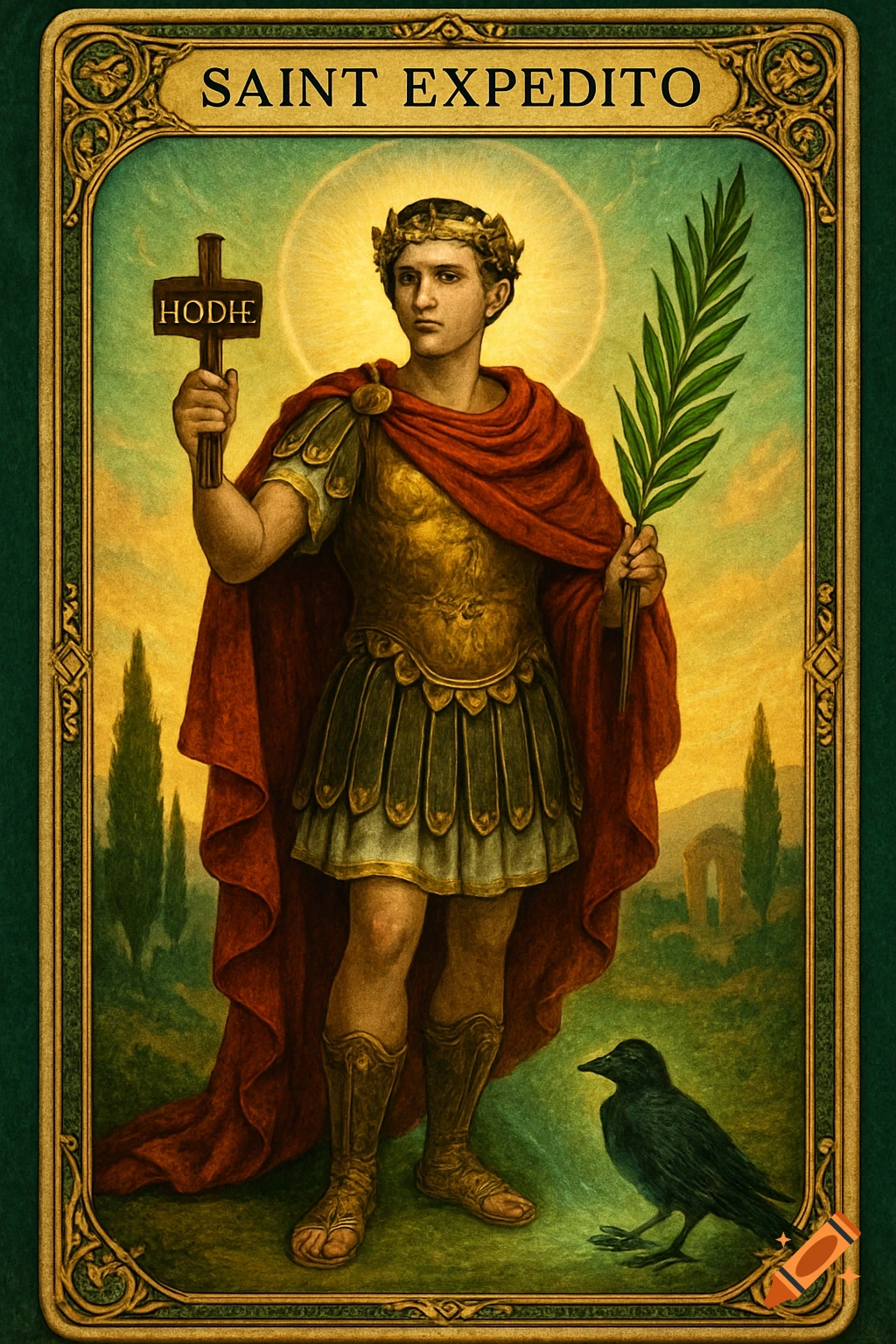Stylized depiction of Saint Expeditus in Roman armor, holding a cross with 'HODIE' and a palm frond, a crow at his feet, framed like a tarot card.