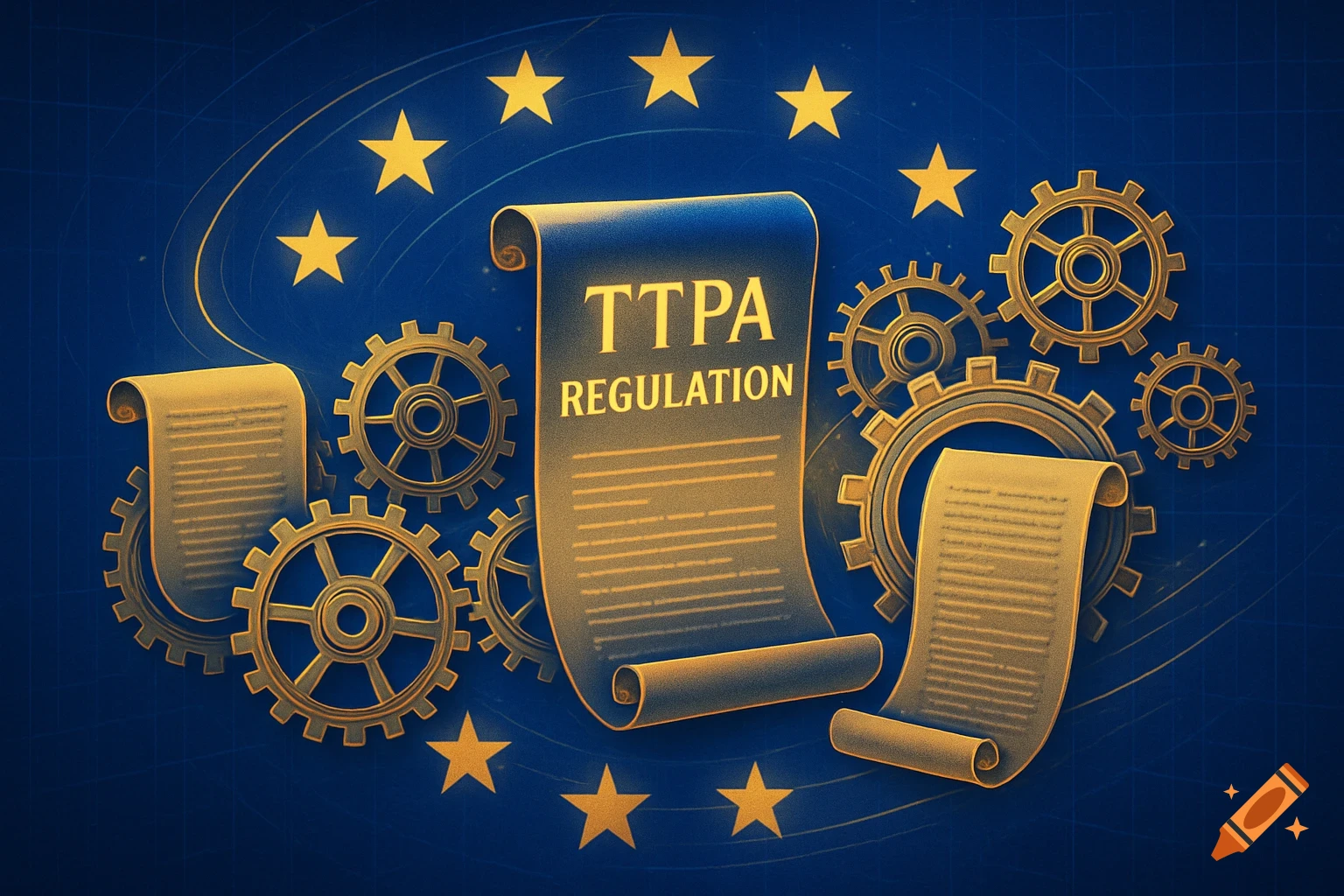 Golden gears, scrolls with TTPA REGULATION text, and European Union stars on a dark blue background in an illustrative style.