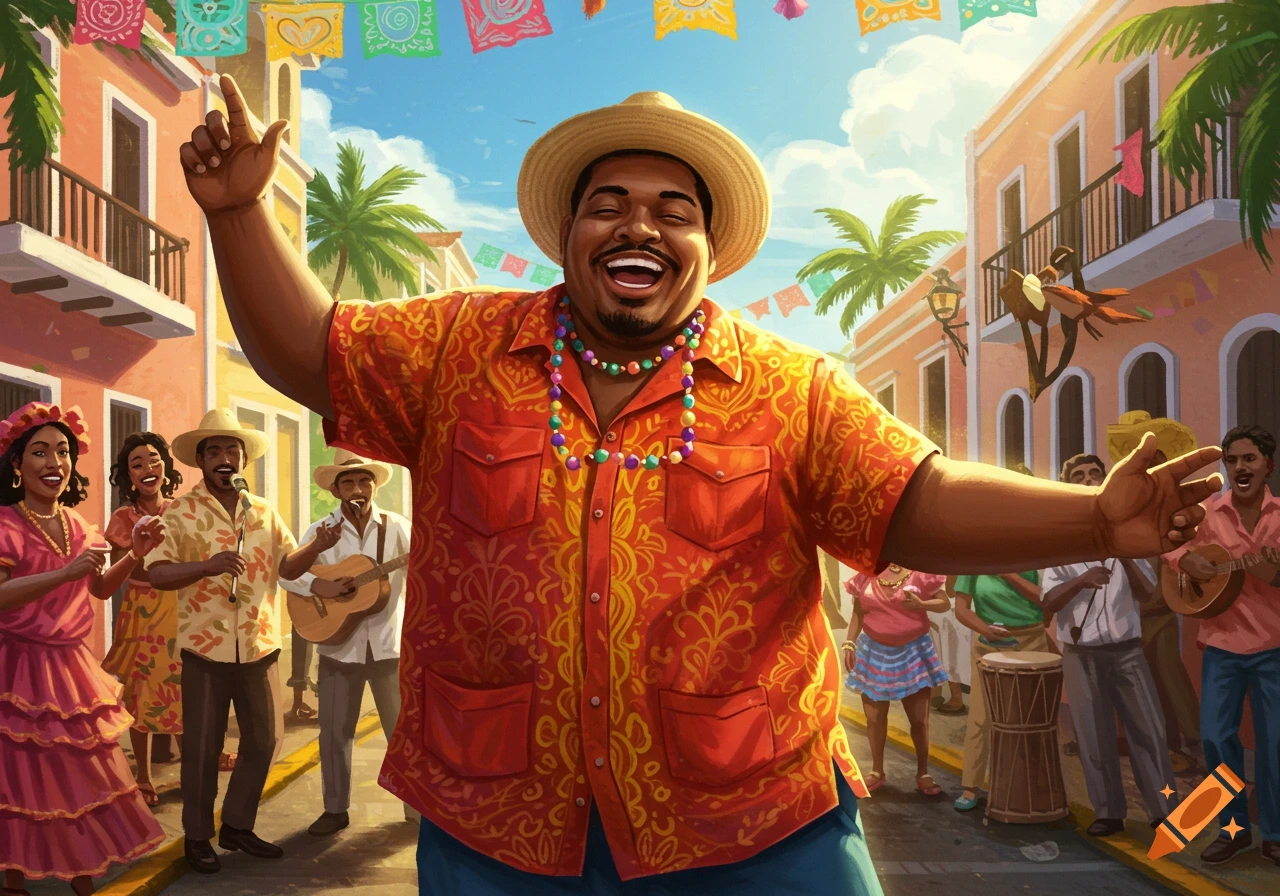 A happy man in a straw hat and colorful shirt dances in a vibrant street festival with musicians and celebrating people, illustrated.
