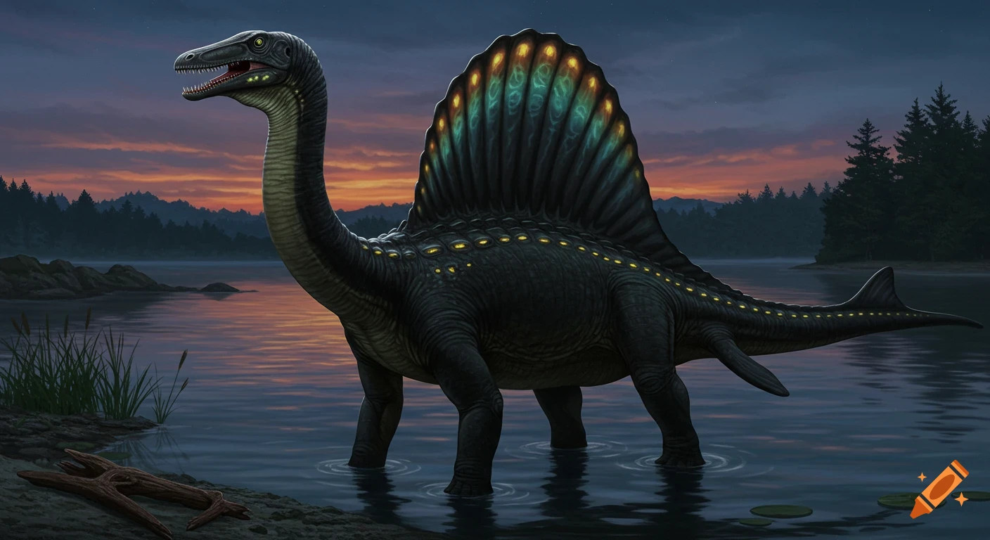 A hyper-realistic paleoart image of a large, dark-skinned Sofialodocophus dinosaur with a long neck and a vibrant, glowing sail, standing in a tranquil lagoon at sunset.