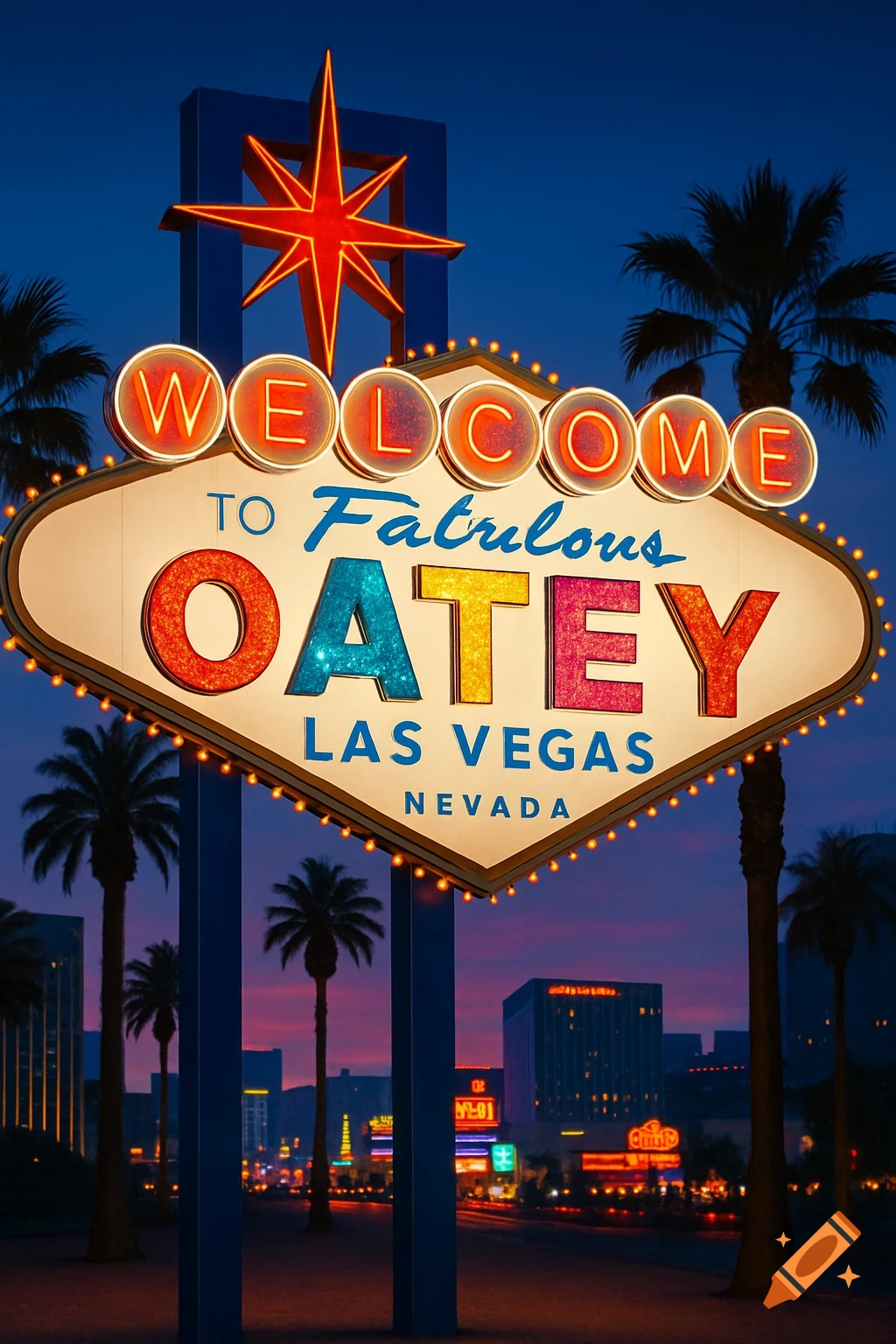 A vibrant neon sign for 'Welcome to Fabulous Oatey Las Vegas Nevada' glows at dusk, with palm trees and a city skyline.