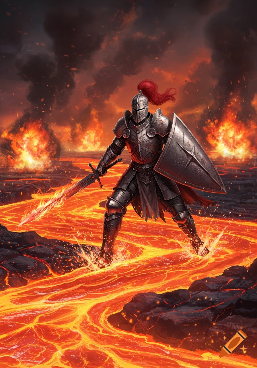 A knight in ornate armor with a sword and shield stands heroically in a river of molten lava, surrounded by fire and smoke.