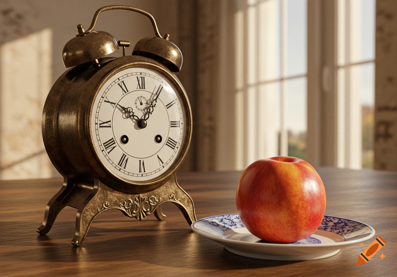 An antique brass alarm clock next to a red and yellow apple on a blue and white patterned plate, all on a wooden table with a sunlit window in the background.