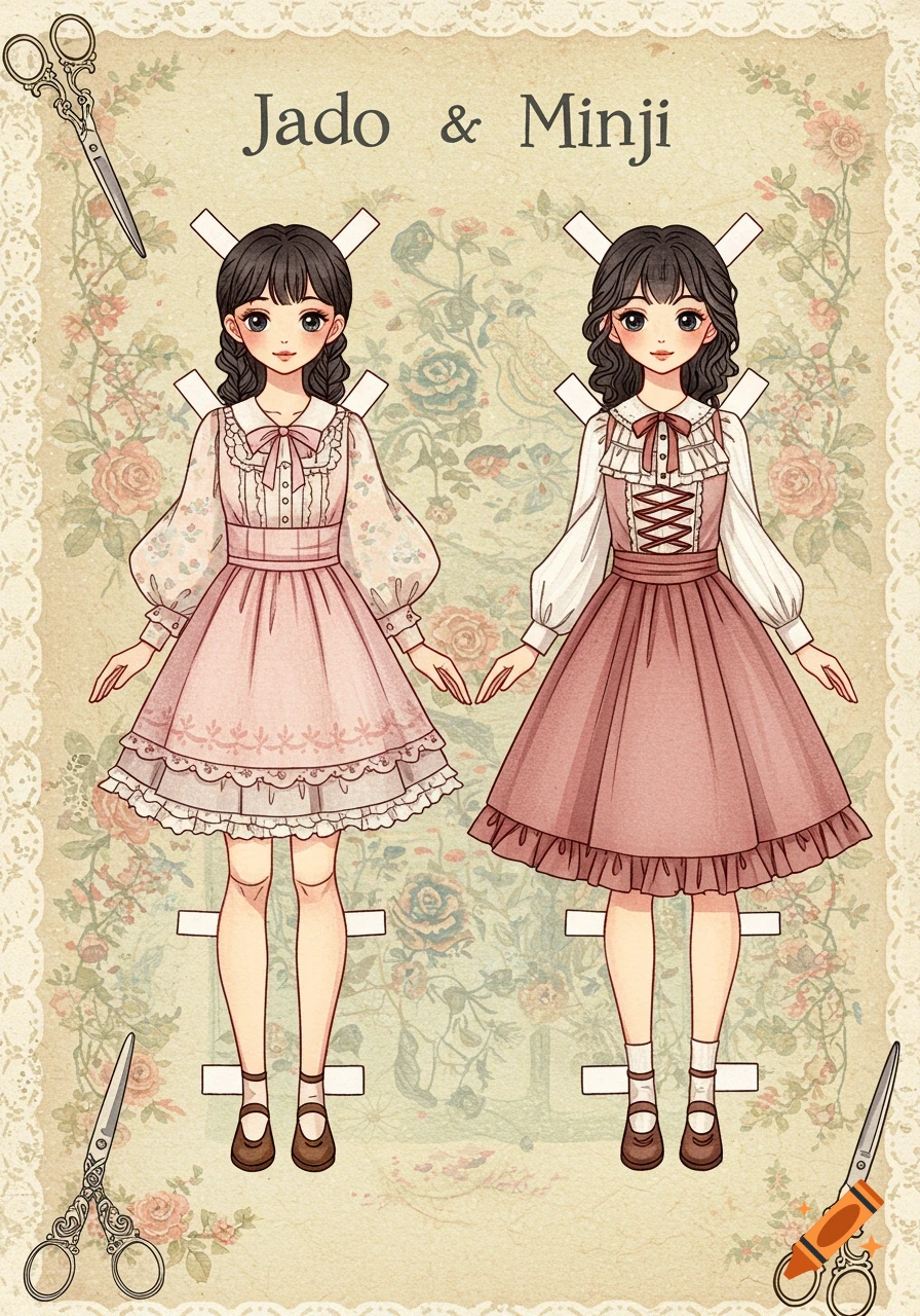 Two paper dolls, Jado and Minji, in vintage-style dresses with cut-out tabs, on a floral background, illustrated.