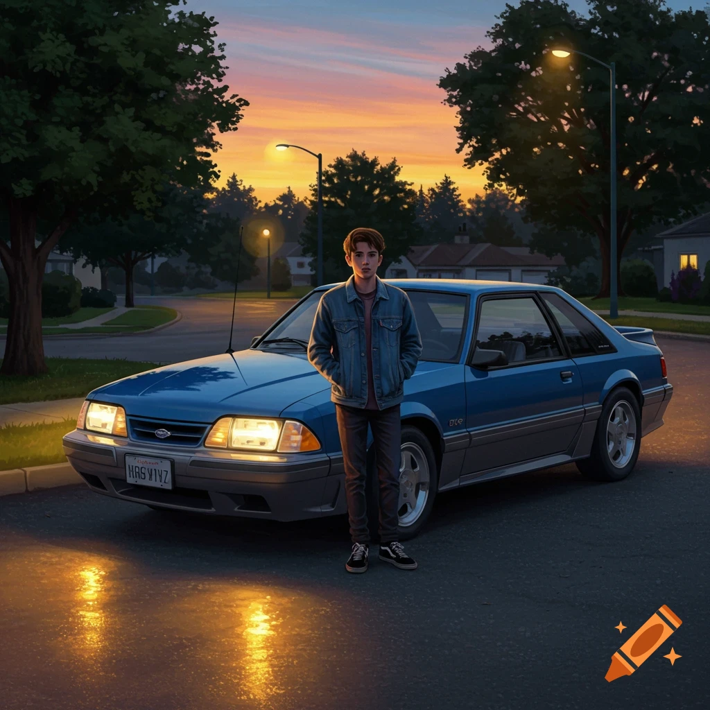 An 18-year-old in a denim jacket stands in front of a blue 1989 Mustang fox body on a street at sunset, digital painting.
