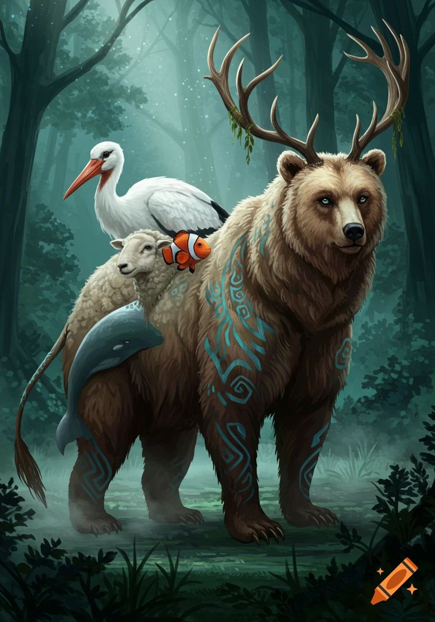 A majestic brown bear with large deer antlers and tribal-like markings stands in a magical forest, carrying a white stork, a sheep, a clownfish, and a dolphin on its back. Digital art.
