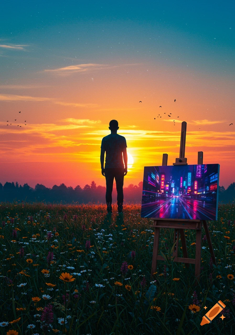 A man stands in a wildflower field at sunset, gazing at an easel with a painting of a vibrant neon city street.