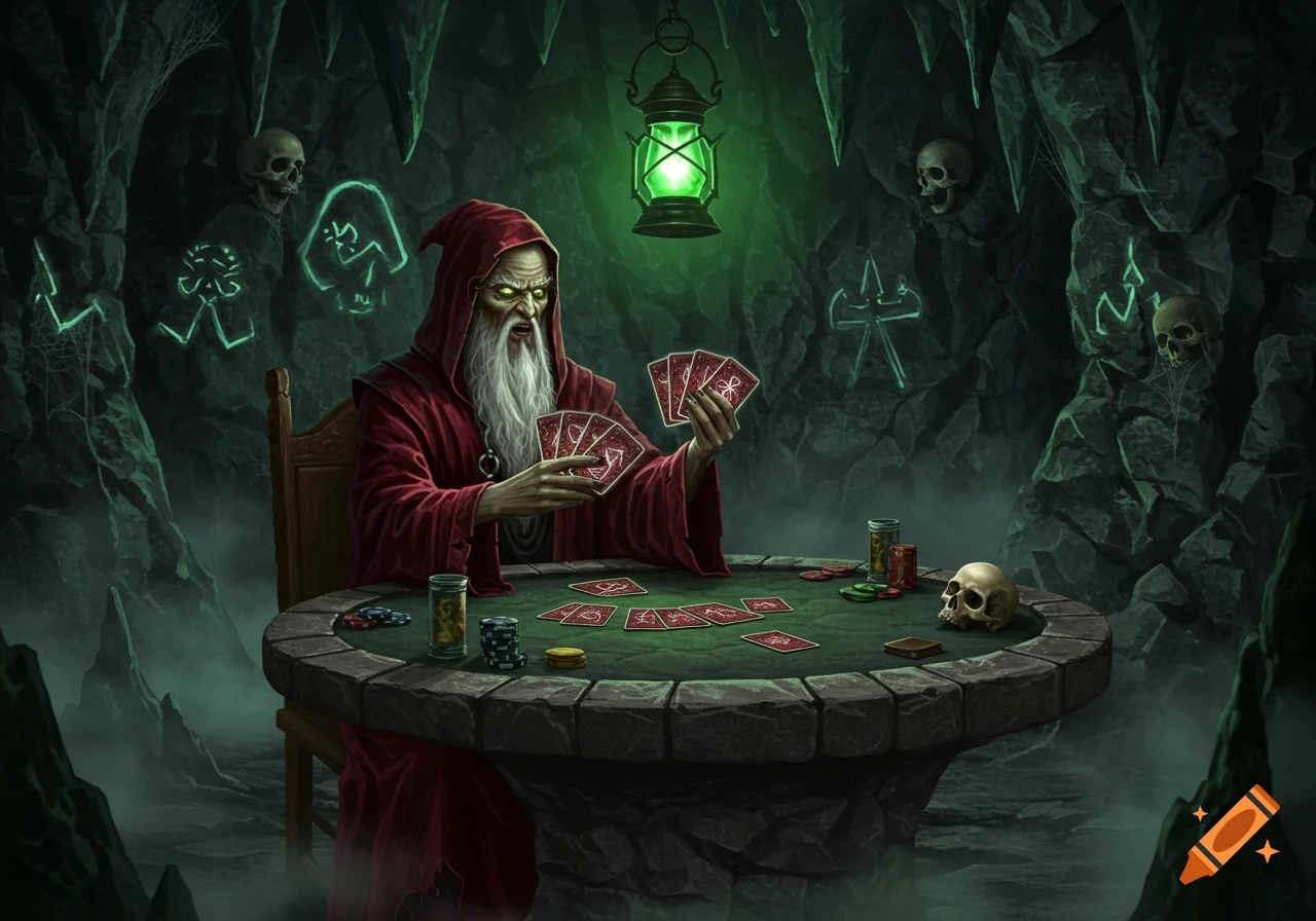 An evil wizard in red robes and a long white beard plays poker at a stone table in a dark, glowing green cave with skulls. Fantasy art.