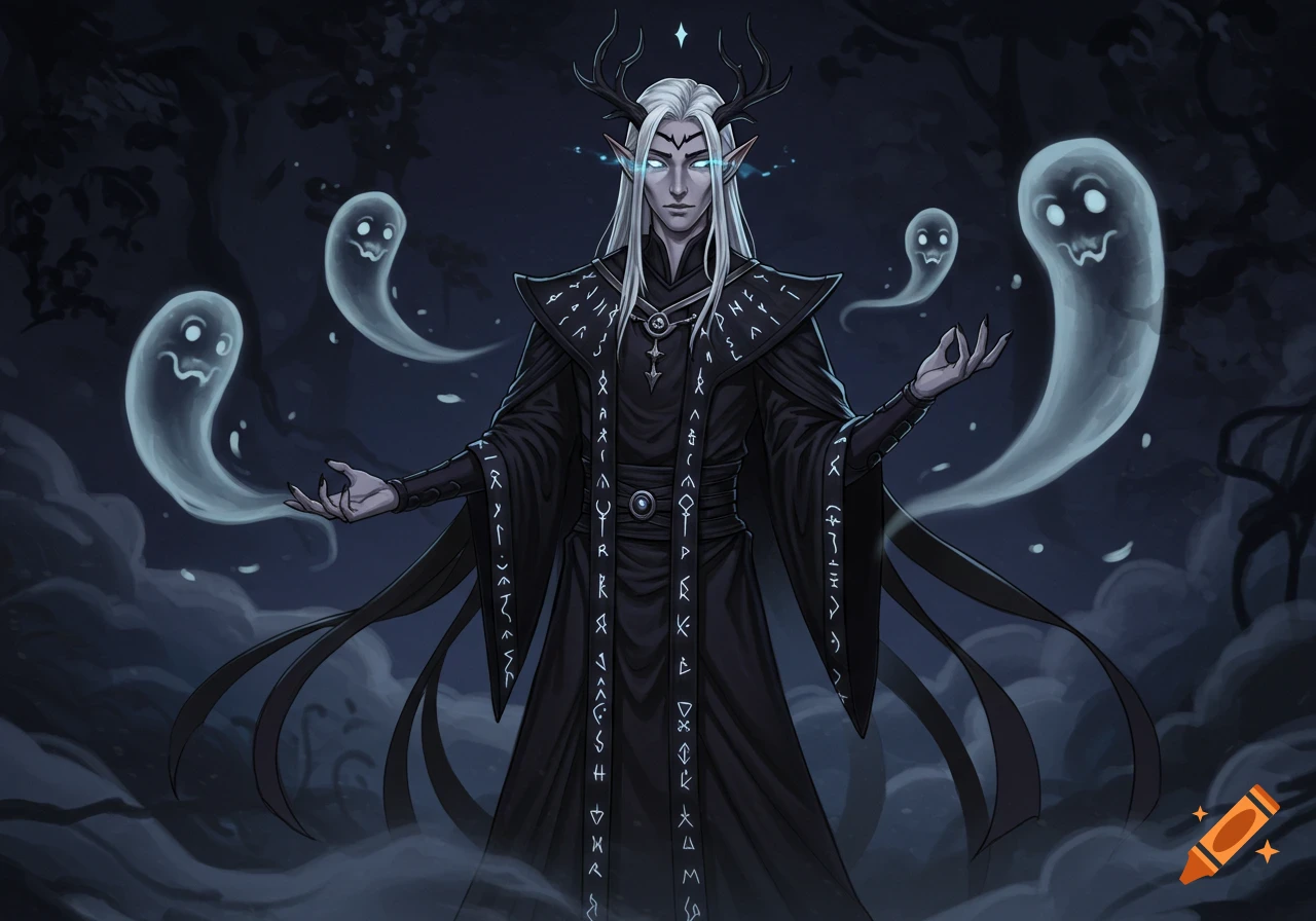 A dark fantasy illustration of an elven necromancer with white hair and antlers, clad in a rune-decorated robe, summoning three glowing ghosts.