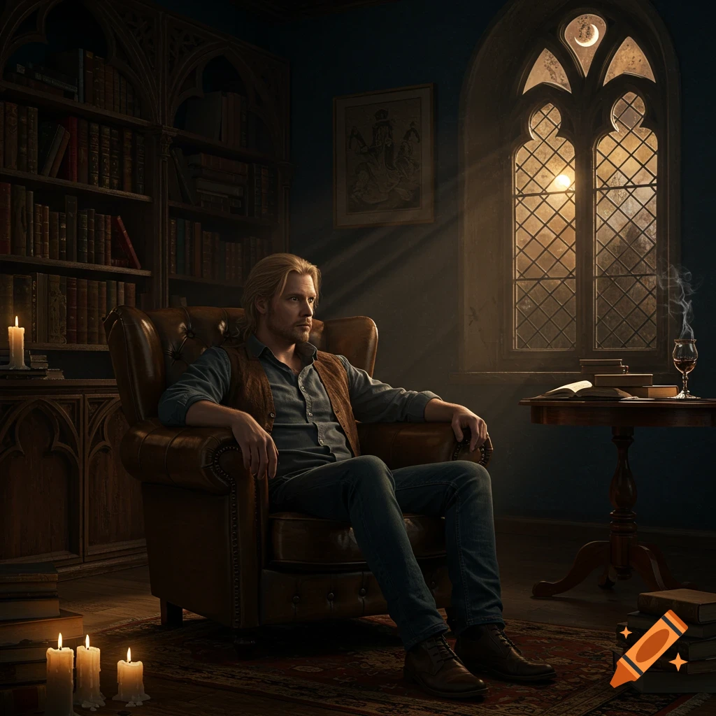 A contemplative blond man sits in a leather armchair in a dimly lit, gothic study with bookshelves and a large window.