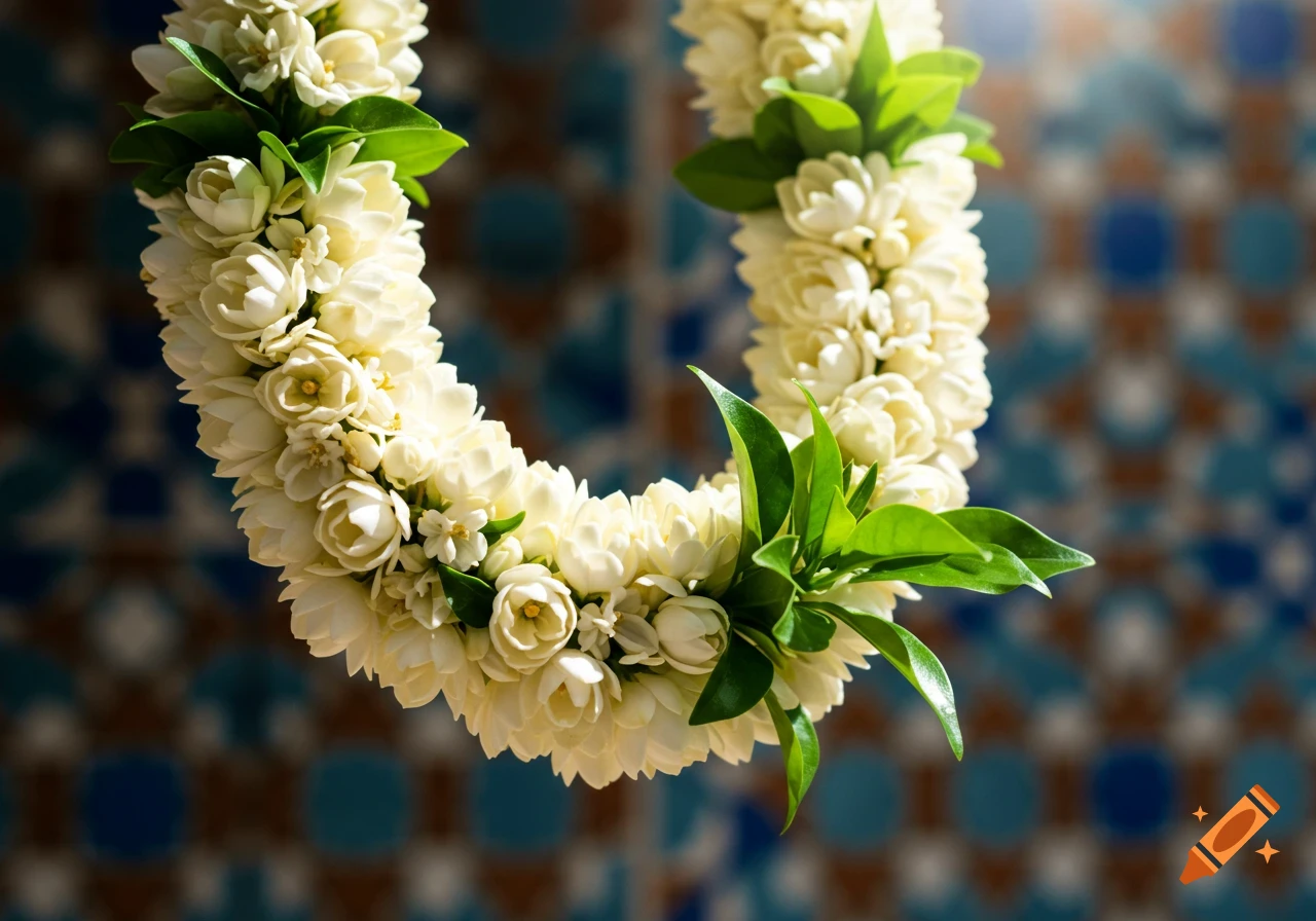 A U-shaped garland of white jasmine flowers with green leaves hangs in front of a blurred blue and brown tiled background.