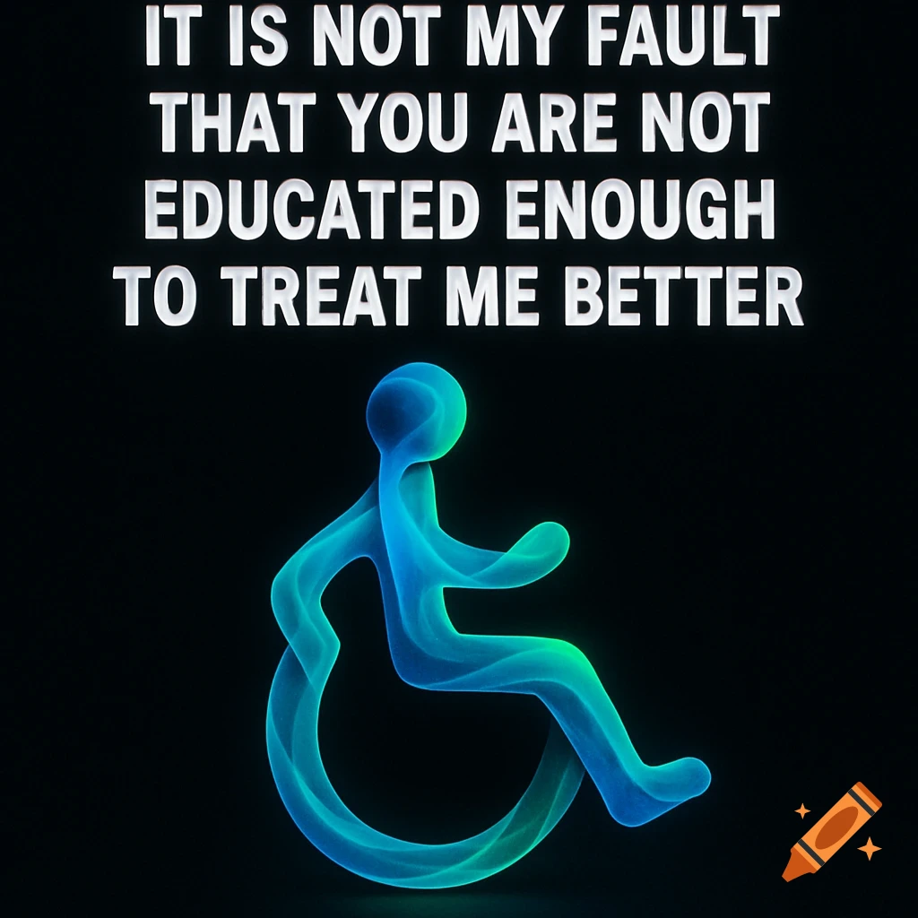 A glowing, abstract blue and green symbol representing disability, on a black background, with white text above it.