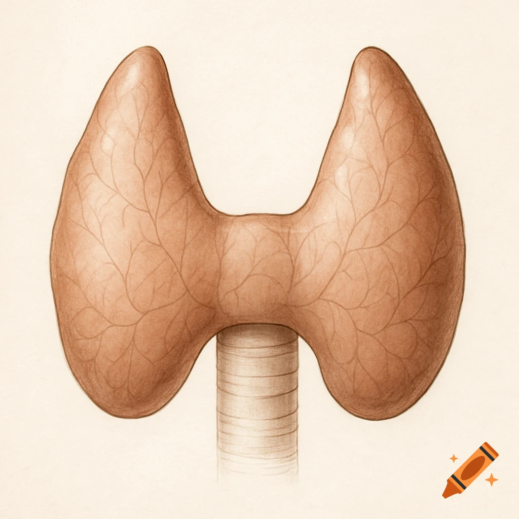 A detailed anatomical illustration of the thyroid gland, showing its two pear-shaped lateral lobes connected by an isthmus.