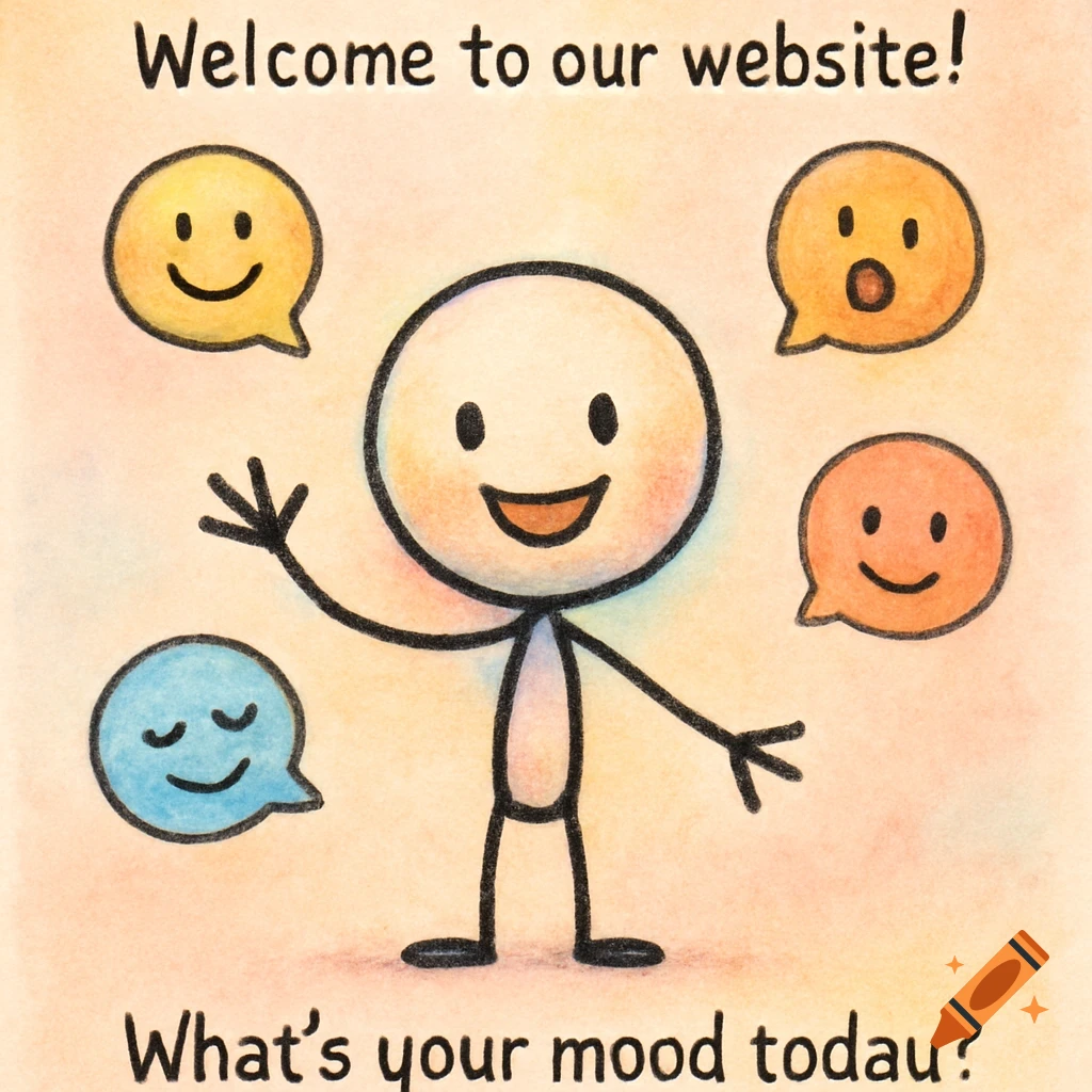 A friendly, hand-drawn cartoon stickman waves, surrounded by emoji speech bubbles, with text 'Welcome to our website! What's your mood today?'