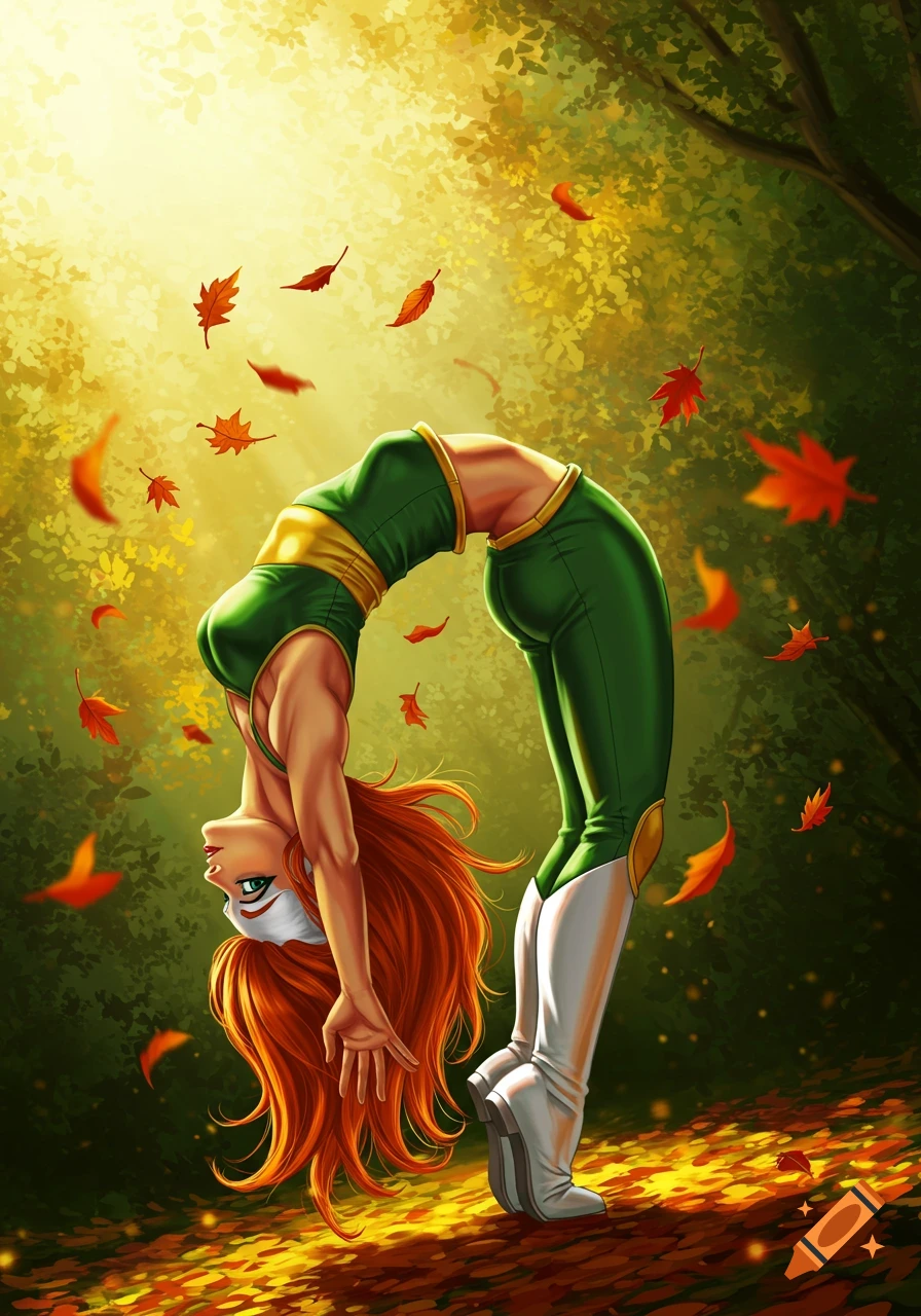 Red-haired superhero in green suit doing a backbend in an autumn forest. Illustrated art style.