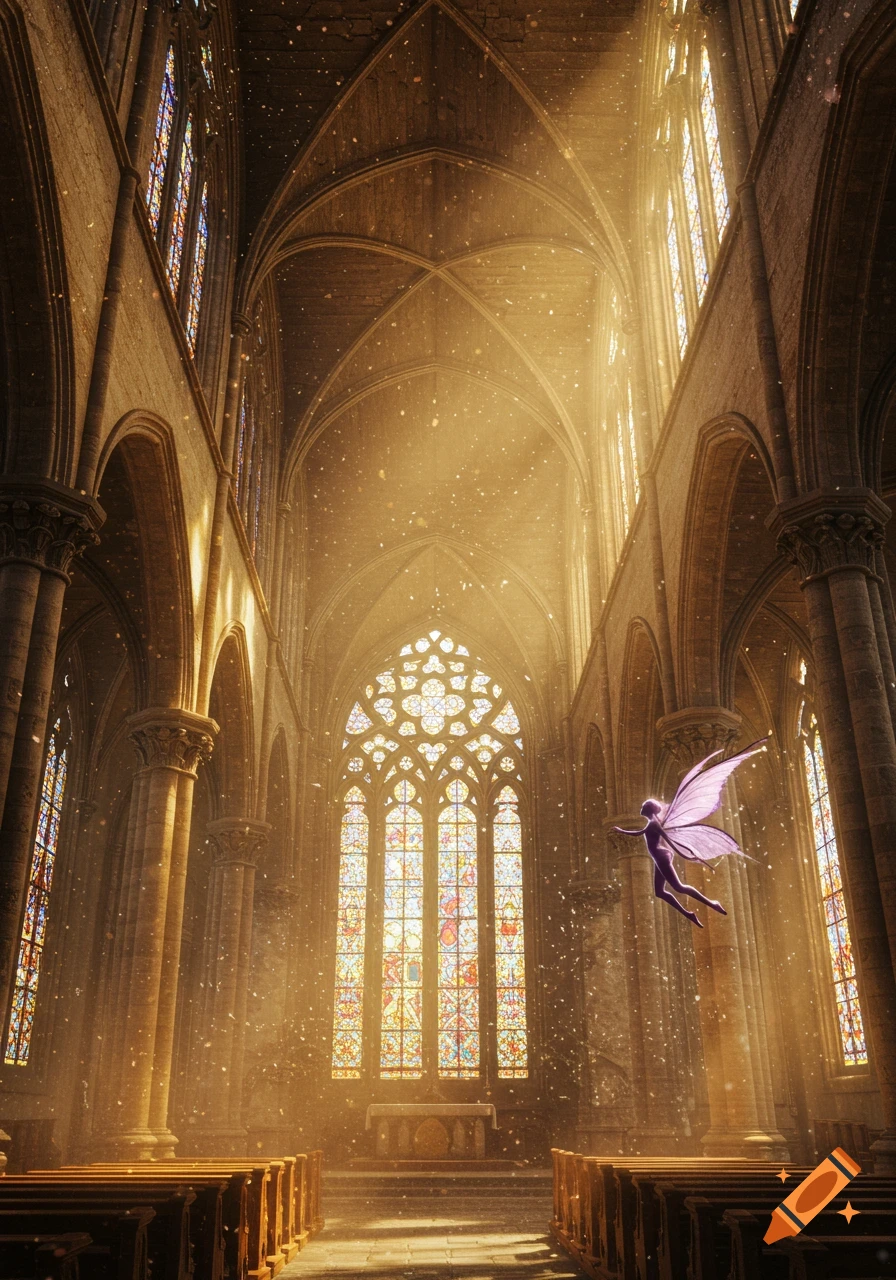 A purple fairy with large, translucent wings floats in a grand, sunlit gothic church, with light rays and dust motes illuminating stained glass windows and stone arches.