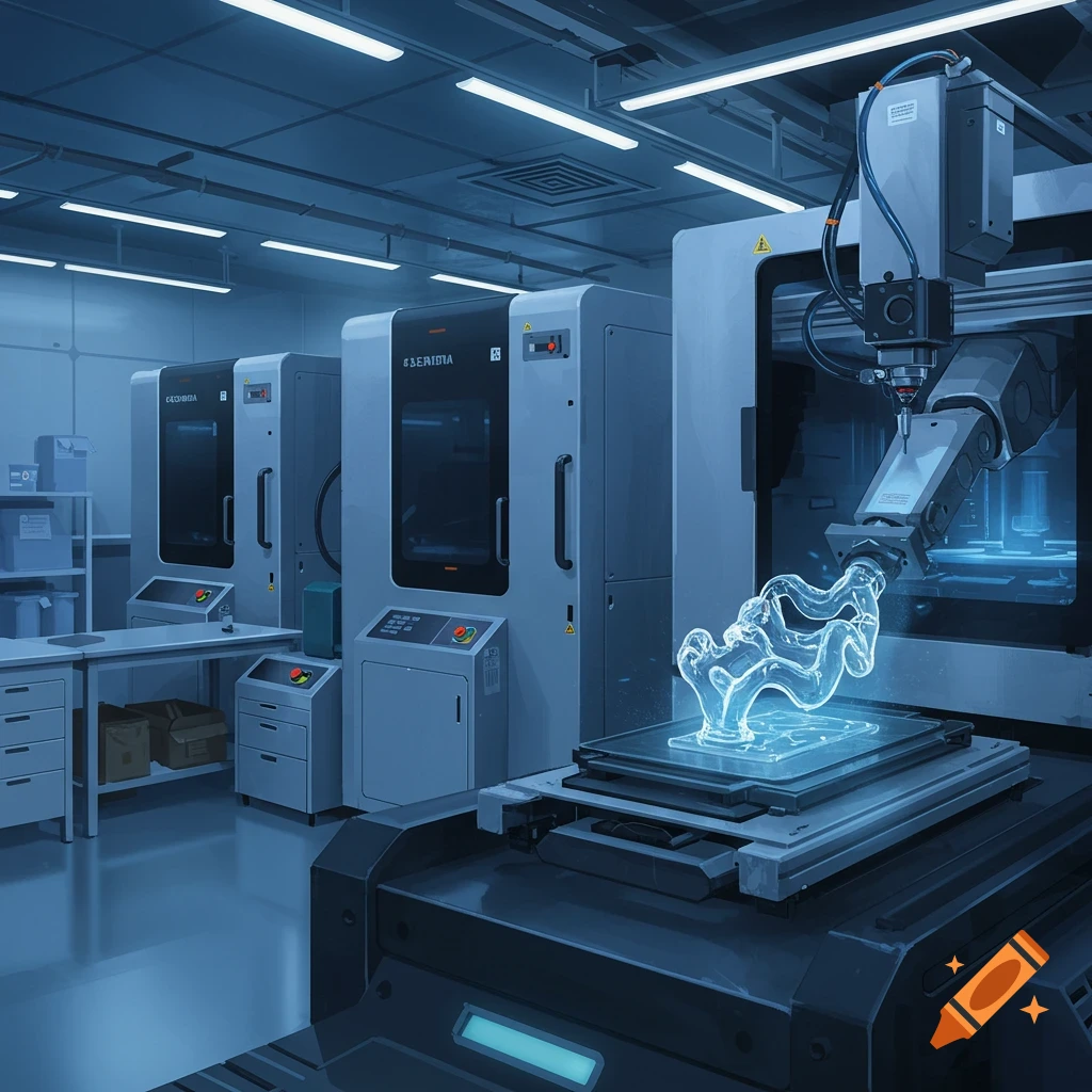 A futuristic blue-toned industrial lab with 3D printers, one actively printing a glowing translucent object, and other machinery.
