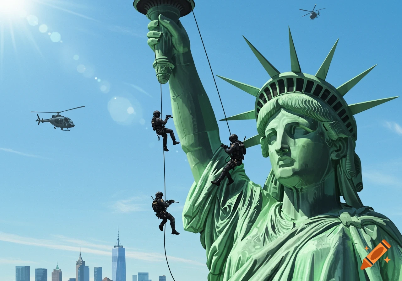 Federal agents rappel down the Statue of Liberty from helicopters with a city skyline, digital art.