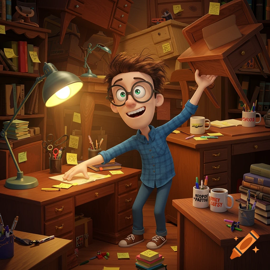 An animated boy with glasses and a blue plaid shirt happily holds a desk over his head in a cluttered office filled with desks and books.