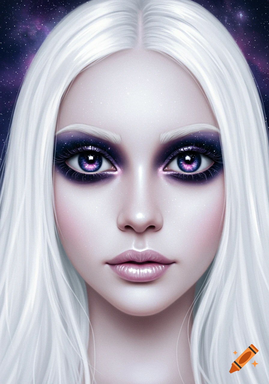 A stylized portrait of a woman with pale skin, long white hair, and striking dark purple, pink, and white galaxy-themed eye makeup with sparkling pupils.