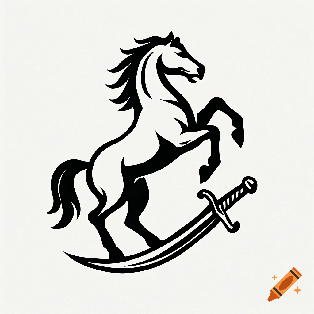 Black and white vector logo of a rearing horse standing on a curved sword.