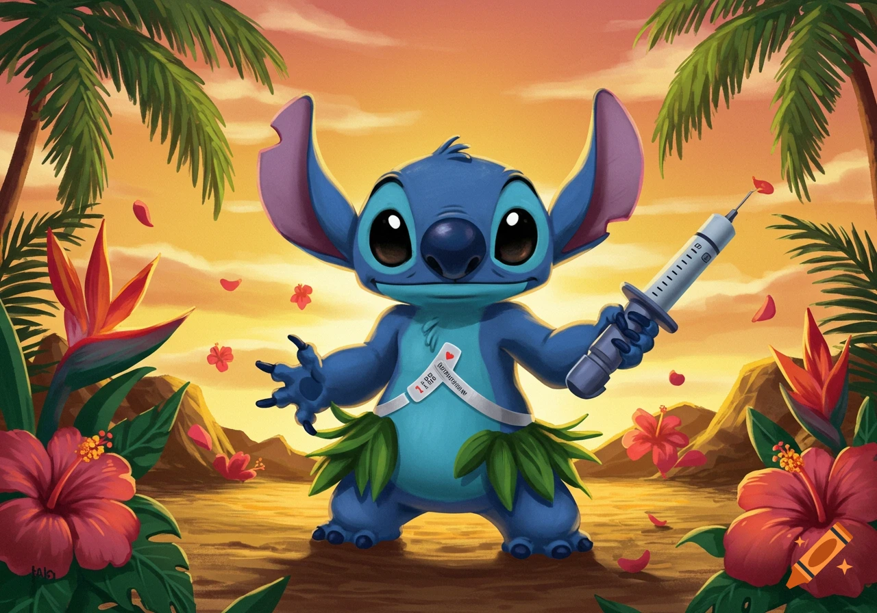 Cartoon Stitch, in a tropical setting with palm trees and hibiscus flowers, wears a grass skirt and a strap on his chest while holding a syringe.
