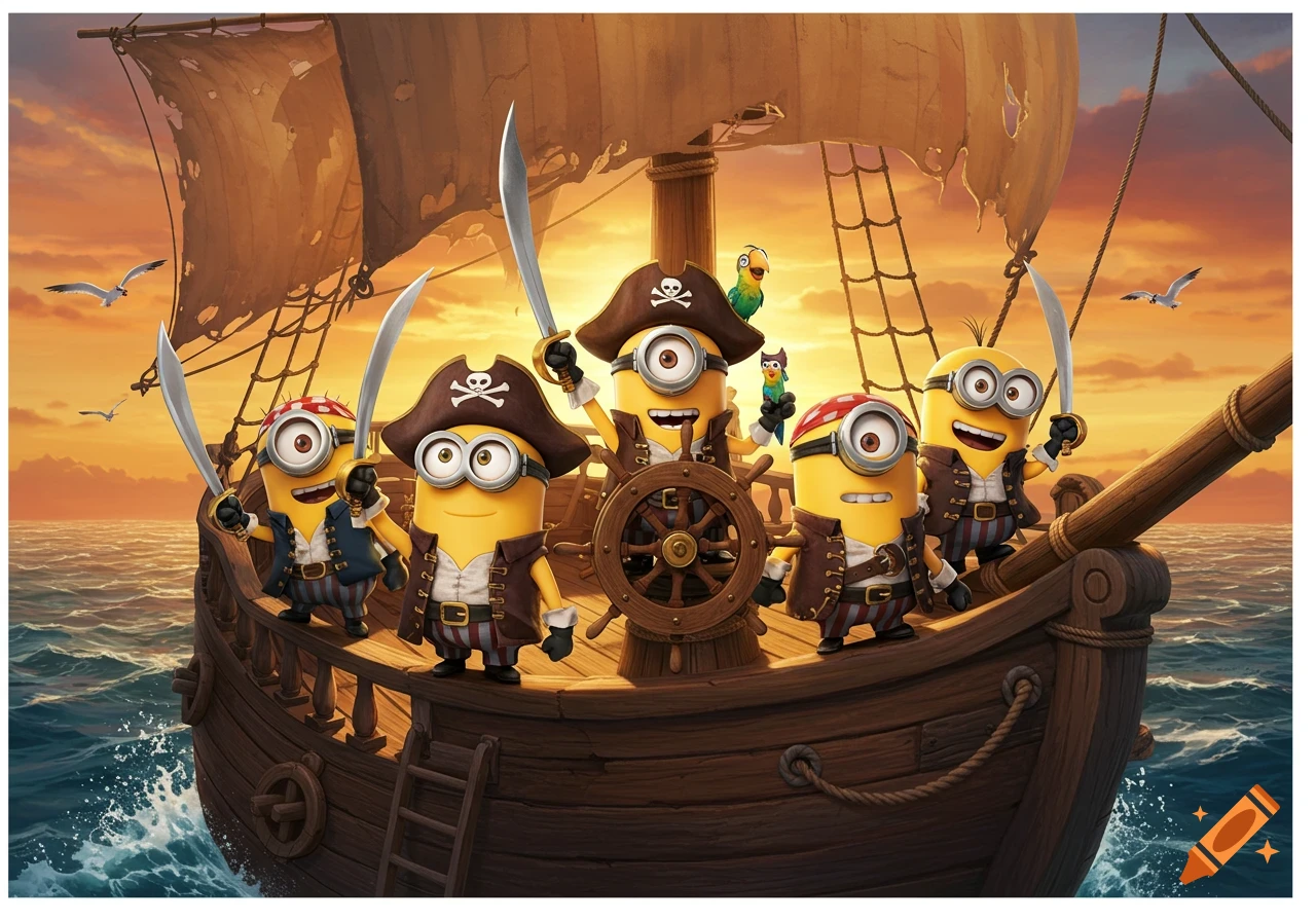 Five cartoon Minions dressed as pirates on a wooden ship with swords, sailing at sunset.