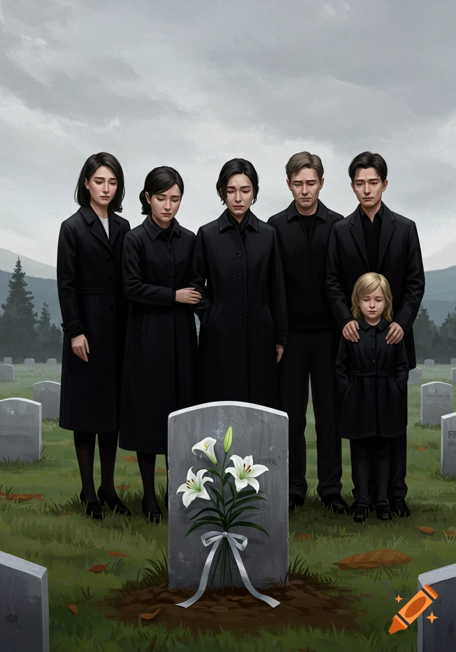 A grieving family, including a child, stands around a fresh grave with a white lily-adorned tombstone in a somber graveyard under a cloudy sky.