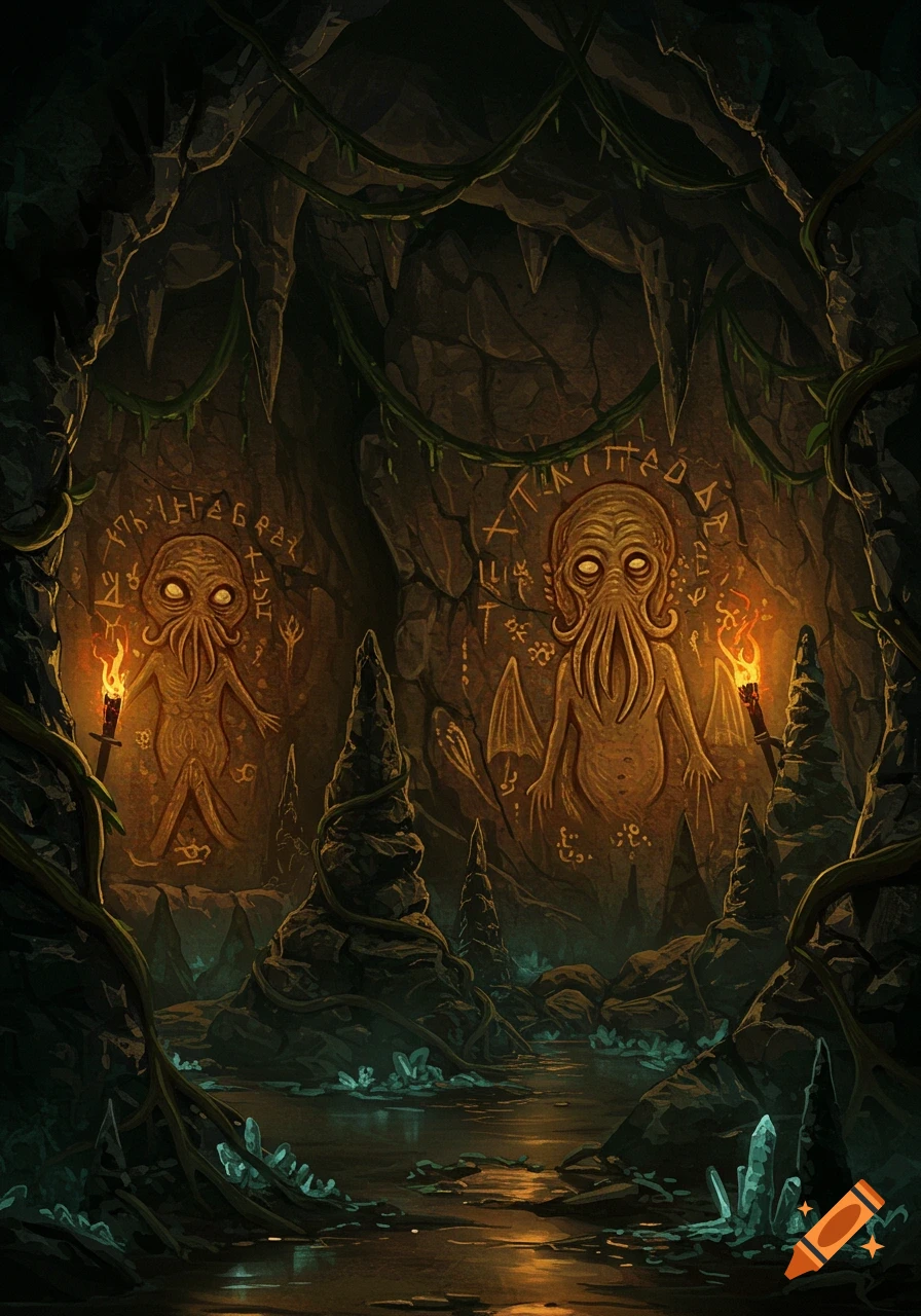 A dark, ancient cave featuring two relief carvings of Cthulhu-like creatures with tentacles and large eyes, surrounded by glowing symbols and lit by torches and bioluminescent crystals.