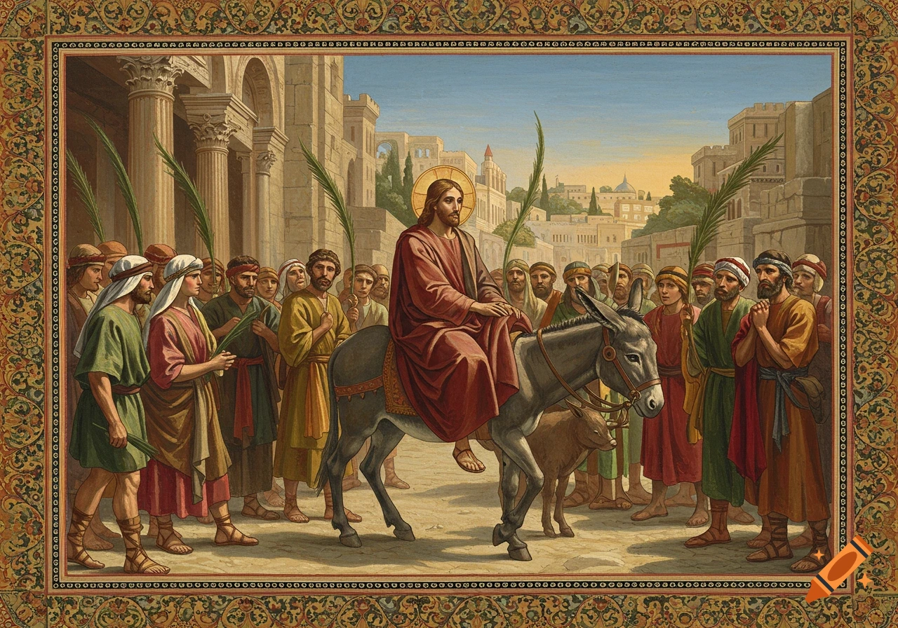 Jesus on a donkey in an ancient city, surrounded by a crowd holding palm fronds, in the style of an ancient Roman painting.