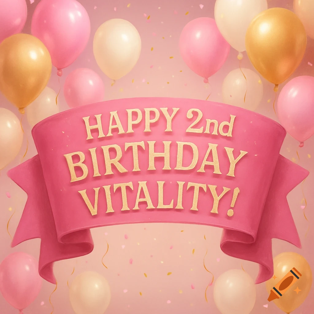 A pink birthday banner with gold text 'Happy 2nd Birthday Vitality!' surrounded by pink, white, and gold balloons and confetti.