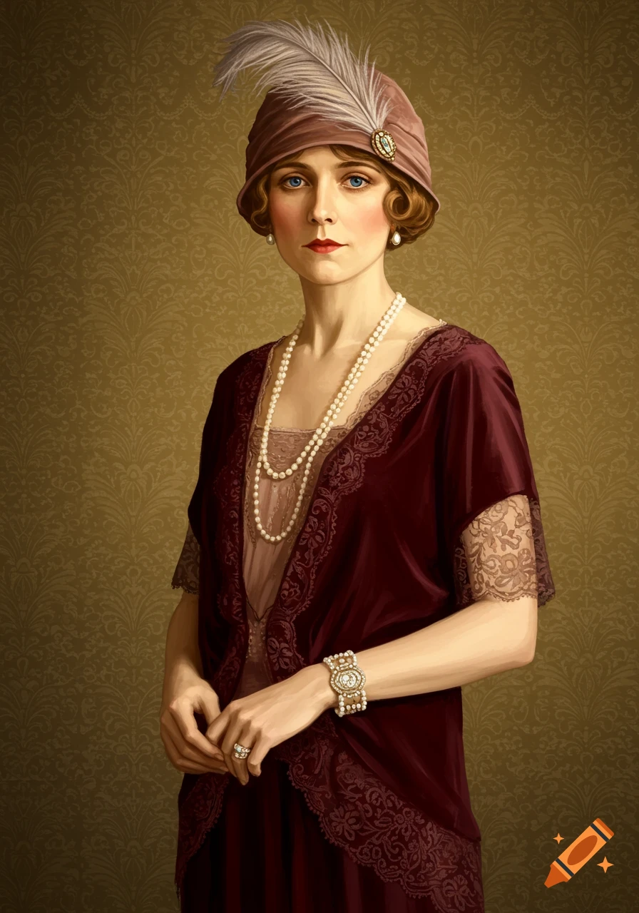 A detailed painting of a serious aristocratic woman in 1920s fashion with a feathered cloche hat, pearls, and a maroon lace dress.