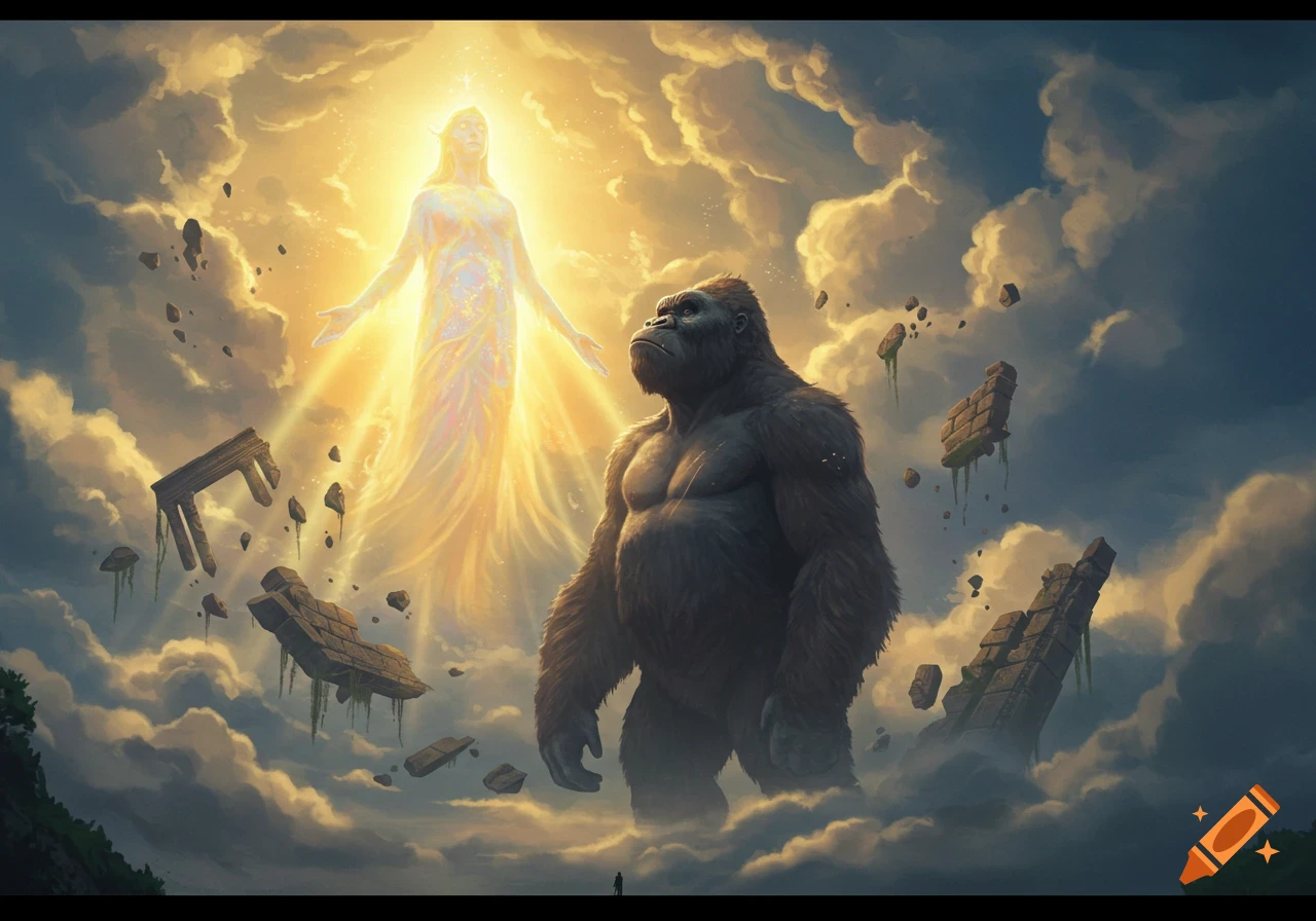 A giant gorilla looks up at a glowing, ethereal human-like figure in a cloudy sky with floating ruins, in a fantasy art style.
