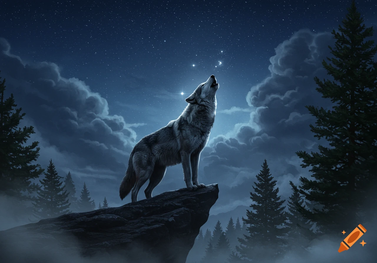 A majestic grey wolf howls atop a rocky cliff at the starry night sky, surrounded by pine trees and mystical clouds.