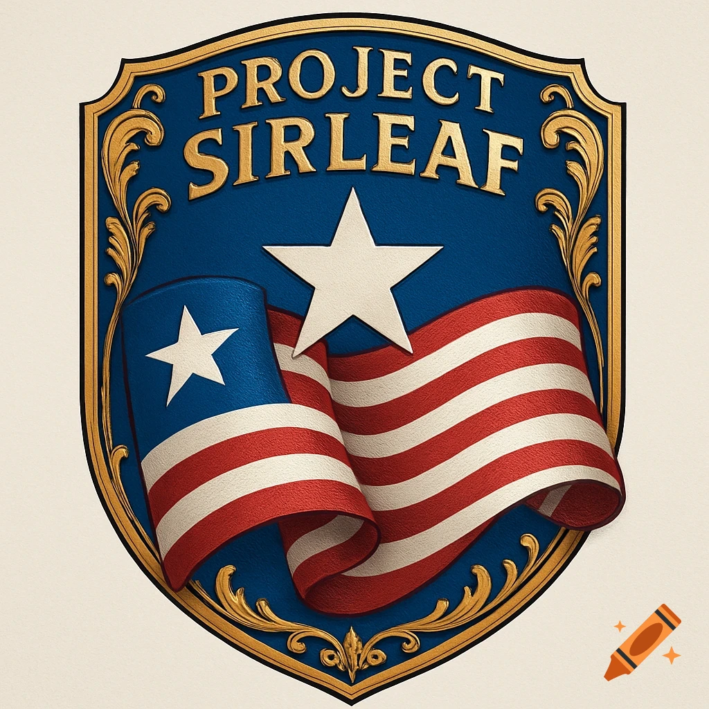Shield emblem with gold border, 'PROJECT SIRLEAF' text, a white star, and a waving flag with red and white stripes and a blue section with a white star.