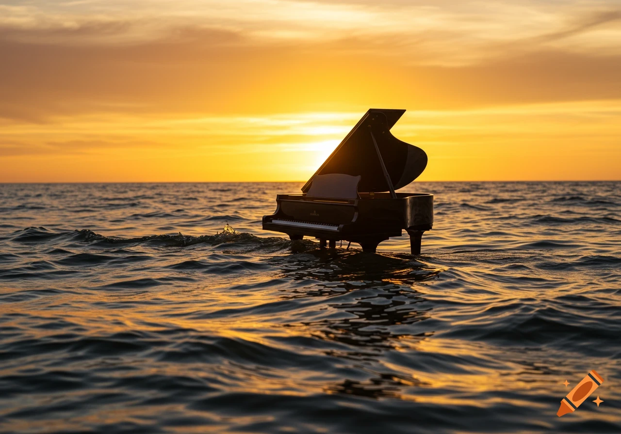 A grand piano floats in the ocean at sunset, illuminated by an orangish-yellow sky, creating a surreal and solitary scene.
