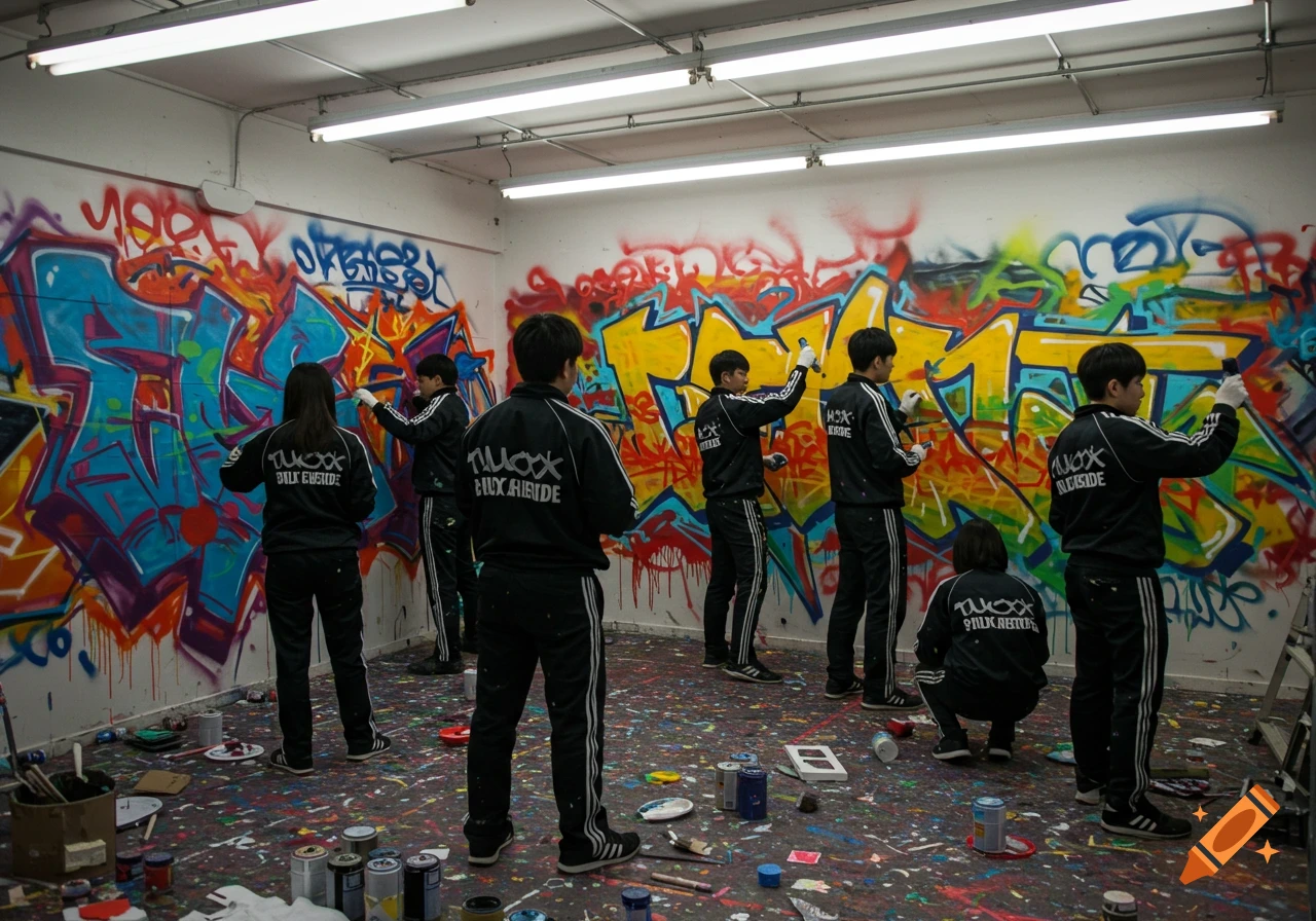 Students in black tracksuits with white stripes paint colorful, stylized graffiti on the white walls of an art room, with paint splattered on the floor.